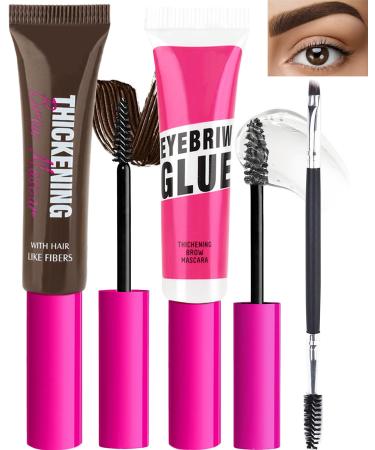 Waterproof Tinted Brow Gel Kit- 1 Espresso Tinted Thickening Eyebrow Mascara Gel & 1 Clear Setting Brow Glue Long Lasting Eye Brow Color Makeup Volumizing Enhance Brow With 2 Brow Tool -Set 07 07 Espresso