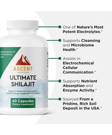 Ascent Nutrition Ultimate Shilajit | Natural Source of Fulvic & Humic Acid | Supports Balanced Electrolytes, Healthy Energy Levels and Gut Health | 60 Capsules - Buy Online on GoSupps.com