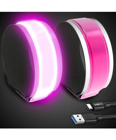 PEAKFIRE 2 Pack USB-C Rechargeable Safety Lights for Runners 360 Reflective LED Bracelets Armbands Reflectors for Walking at Night Pink(2 Pack)