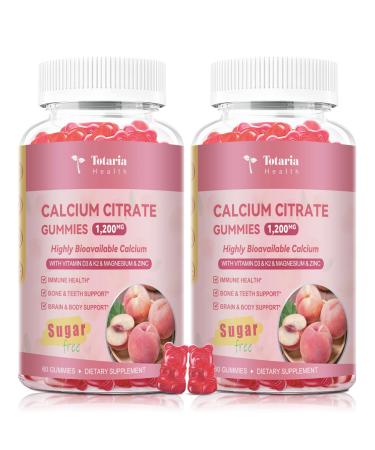 2 Pack Calcium Citrate Gummies 1200 mg - Calcium Supplements for Women with Vitamin D3 & K2,Magnesium,Zinc - Sugar Free Calcium Gummies for Bone & Teeth & Immune Support- Peach Flavor