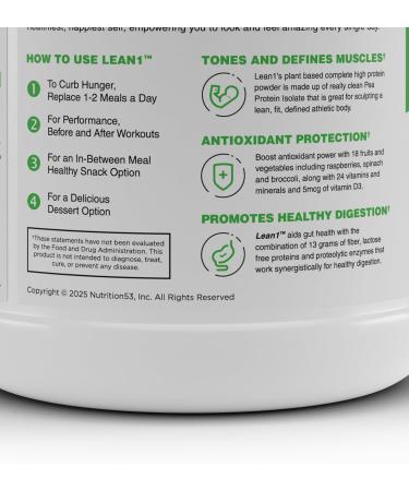 Lean1 Plant Based Protein Powder Meal Replacement Vanilla Flavor Clean Protein 15 Serving Plant Vanilla 27.36 Ounce (Pack of 1) - Buy Online on GoSupps.com