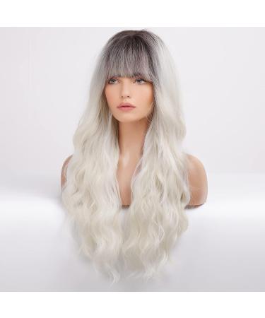 EMMOR Ombre Platinum Blonde Long Curly Wig with Bangs - Heat Resistant Synthetic Hair for Natural Daily Look - Buy Online on GoSupps.com