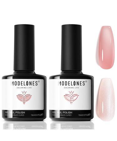 Modelones Gel Nail Polish Set 2 PCS 15 ML Sheer Jelly Nude Pink Translucent Glitter Gel Polish Set for Nail Art DIY Shimmer French Manicure at Home for Women Girls