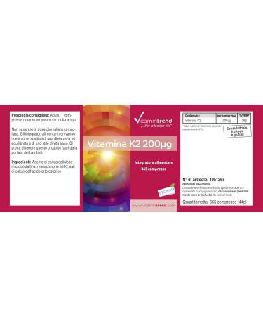 Vitamin K2 MK7 200 g - 365 Vegan Tablets | High-Dose Formula for Optimal Health | Vitamintrend International Shipping - Buy Online on GoSupps.com