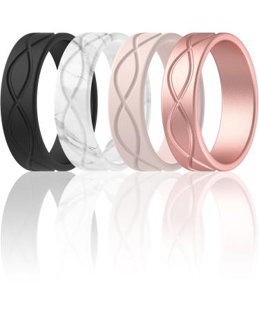 ThunderFit Silicone Wedding Bands for Women, Infinity Design - 6mm Wide - 1.8mm Thick Rose Gold, Royal Black, Jasmine White, White Marble 6.5 - 7 (17.35mm)