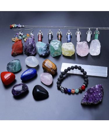 Complete Healing Crystals Set: 7 Chakra Stones, 7 Tumbled Stones, 7 Crystal Necklaces, Amethyst, Selenite, Clear Quartz, 3 Crystal Jewelry Pieces - Includes 2 Storage Bags and 7 Jewelry Ropes - 36 PCS - Buy Online on GoSupps.com