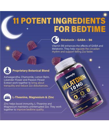 Edmmyliy Melatonin 10mg 20mg Gummies for Adults - 10mg of Melatonin Per Gummy with Magnesium, L-Theanine, GABA, Vitamin B6 & Ashwagandha - Supports Health Circadian Rhythm, Sugar Free & Vegan - Buy Online on GoSupps.com