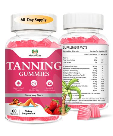 2 Pack Tanning Gummies for Women Daily Tanning Supplement Melanin Tan Gummy Chew with Astaxanthin Vitamin Beta Carotene Work Fast Without Sun for Men Vegan Sugar Free Strawberry Flavor 120 Count 60 Count (Pack of 2)