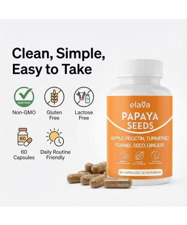 Elava Papaya Seed Capsules Papaya Seeds Organic Digestive Herbal Blend with Turmeric Ginger Peppermint & Fennel Non-GMO Gluten & Lactose Free 60 Capsules 1 - Buy Online on GoSupps.com