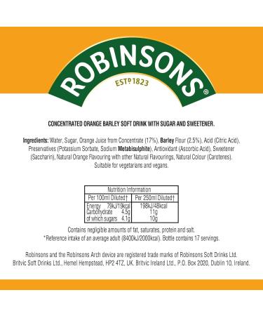 Robinsons Barley Water - Real Fruit Squash - Low Calorie - Orange - 850ml - Buy Online on GoSupps.com