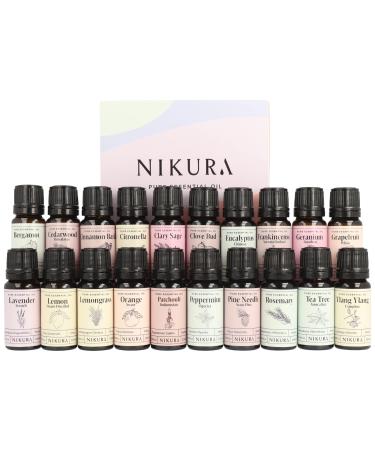 Nikura Top 20 Essential Oil Gift Set - 20 x 10ml | Essential Oils for Diffuser for Home Aromatherapy Strong Fragrance Lavender Oil for Sleep Scalp | Lemon Peppermint and Tea Tree | Pure & Natural 20 Set