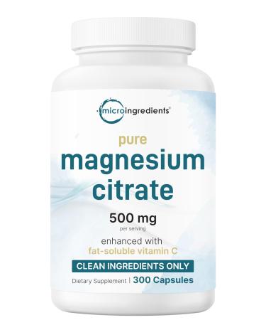 Pure Magnesium Citrate Supplements 500mg 300 Capsules | Fat-Soluble Vitamin C Added | 100% Chelated | Only Active Ingredients