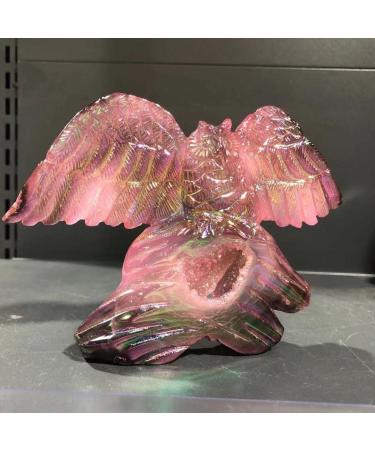 A wonderful gift natural plating color crystal hand-carved owl with crystal hole underneath Reiki healing stones home room rambling sculpture decoration of natural quartz crystal 330-380g 1PC