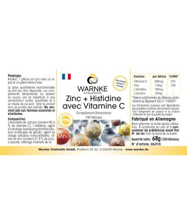 Zinc + Histidine + Vitamin C - High dosage - 300mg Vitamin C & 10mg Zinc per capsule - Vegan - 100 capsules | Warnke Vitalstoffe - Quality from German Pharmacies - Buy Online on GoSupps.com
