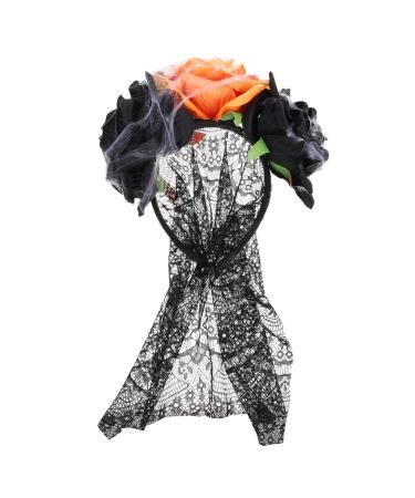 FRCOLOR Halloween Rose Flower Headband Gothic Lace Floral Crown Garland Day of The Dead Mexican Headpiece Hair Hoop Hair Accessories for Wedding Festival (Black Orange)