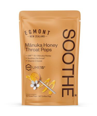Egmont Honey Manuka Honey Throat Pops 10 Count | UMF 15+ New Zealand Honey with Vitamin C | Natural Soothing Lollipops