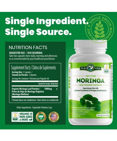 PURA VIDA MORINGA Capsules - Organic Moringa Powder for Energy, Metabolism & Immune Support - 120ct 500mg Capsules - Buy Online on GoSupps.com
