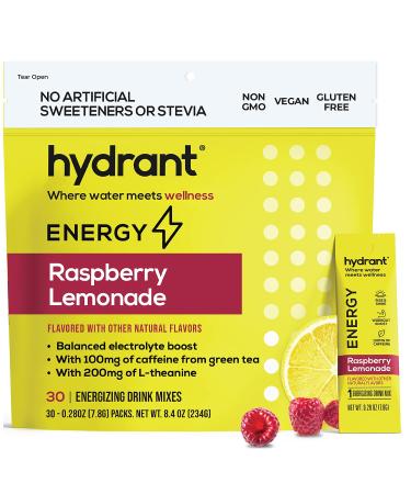 Hydrant Energy 30 Stick Pack, Caffeine & L-Theanine Rapid Hydration Mix, Electrolyte Hydration Powder Packets with Zinc (Raspberry Lemonade, 30 Count (Pack of 1)) Raspberry Lemonade 30 Count (Pack of 1)