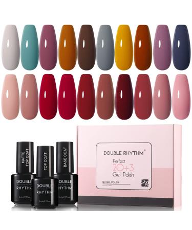 Double Rhythm 23 PCS Gel Nail Polish Kit 20 Color Gels Nail Art Set No Wipe Base Gel Glossy Matte Top Coat DIY Manicure At Home Salon 5ml (Pack9-Sunrise Hill)