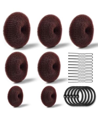 7 pieces of rolls maker hair knot ring style bun manufacturer set for chignon hair contain (1 extra rus 2 large 2 medium and 2 small) 5 pieces of hair tie ribbons 20 pieces hairpins brown