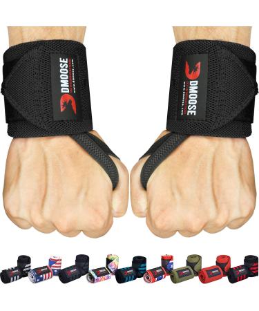 DMoose Wrist Wraps, Avoid Injury and Maximize Grip with Thumb Loop, 18" or 12" Gym Straps Pair, Wrist Straps for WeightLifting, Powerlifting, Bench Press, Bodybuilding, Deadlift Straps for Men & Women .Black 12"
