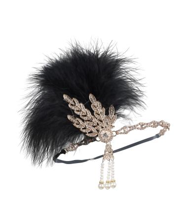 1920s Flapper Headpiece Jewelry Feather Headband Vintage Tassel Head Wear 1920s Shiny Crystal Hair Accessories for Women Retro Headdress with Feather 20s Accessories for Costume Prom Carnival Black