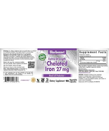 Bluebonnet Nutrition Extra Strength Chelated Iron 27 mg - 90 Vegan Capsules for Optimal Health - Buy Online on GoSupps.com