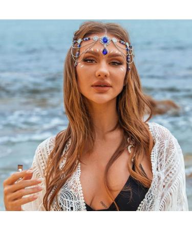 Reaky Head Chain Boho Tassels Headbands Blue Rhinestone Headpiece Bead Hairband Festival Hair Accessories for Women - Buy Online on GoSupps.com