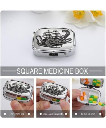 Stylish Black & White Octopus & Ship Print Pill Box | 2 Compartment Portable Pill Organizer | Decorative Metal Medicine Case for Purse & Pocket - Buy Online on GoSupps.com