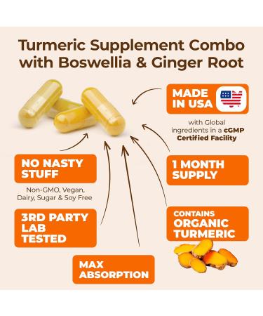 Turmeric Supplement Bundle 2-Pack Organic Turmeric Curcumin Supplement with 95% Curcuminoids + 65% Boswellia Extract Ginger Root & Black Pepper (BioPerine) High Absorption 2 x 60 Vegan Capsules - Buy Online on GoSupps.com