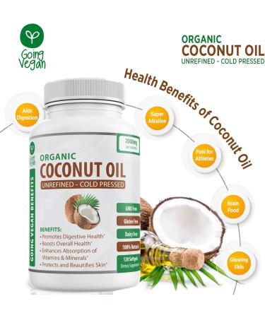 Organic Coconut Oil Capsules 2000mg - 100% Extra Virgin, Cold Pressed for Healthy Skin, Extra Hair Growth, Nail Care, Brain Booster - 120 Softgels - Unrefined Pure & Non GMO Pills - Rich in MCT - Buy Online on GoSupps.com