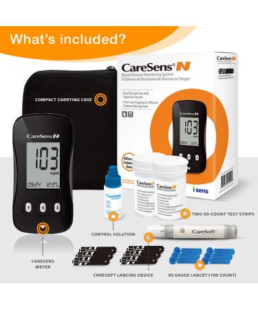 CareSens N Blood Glucose Monitor Kit: 100 Test Strips, 100 Lancets, Meter, Lancing Device, Travel Case - Diabetes Testing Kit with Control Solution - Buy Online on GoSupps.com