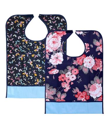 Sumnacon 2Pcs Colorful Waterproof Adult Bibs - Reusable Dining Clothing Protectors with Crumb Catcher, Decorative Washable Bibs for Adult Women Elderly Patient Disability
