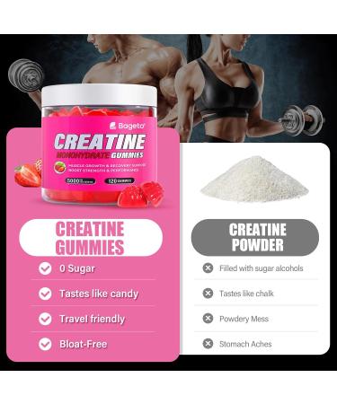 Creatine Monohydrate Gummies 5000mg - Vegan Sugar-Free Pre-Workout Chewables for Muscle Strength | 120 Strawberry Gummies - Buy Online on GoSupps.com