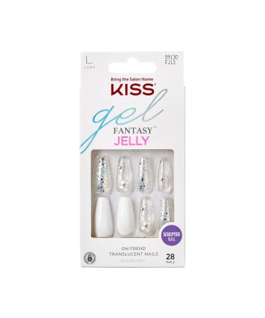 KISS Gel Fantasy Press On Nails Nail glue included 'Sweet Jelly' White Long Size Coffin Shape Includes 28 Nails 2g glue 1 Manicure Stick 1 Mini File