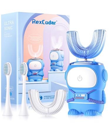 Ultrasonic Kid's U-Shaped Electric Toothbrush, IPX7 Waterproof, Five Cleaning Modes, 60S Smart Reminder (Cartoon Astronaut, Ages 2-12) Blue (Ages 6-12)