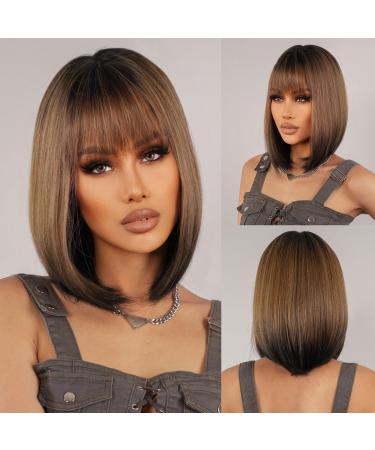 Esmee short straight ombre brown bob wig with fringe shoulder length wig synthetic cosplay wigs for women ombre brown 14 inches - Buy Online on GoSupps.com