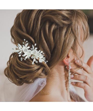 PTORIZNY Wedding Rhinestone Hair Comb Crystal Bride Hair Combs Flower Side Hair Combs Leaf Headpiece Bridal Hair Accessories for Women and Girls (Silver) - Buy Online on GoSupps.com