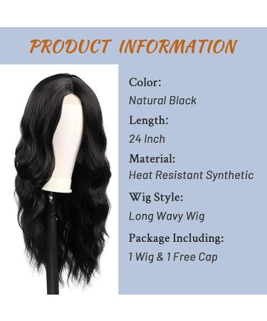 Long Black Wavy Wig for Women 24 Inch Middle Part Curly Synthetic Hair Natural Looking Heat Resistant Fiber for Daily Party Use (Black) - Buy Online on GoSupps.com