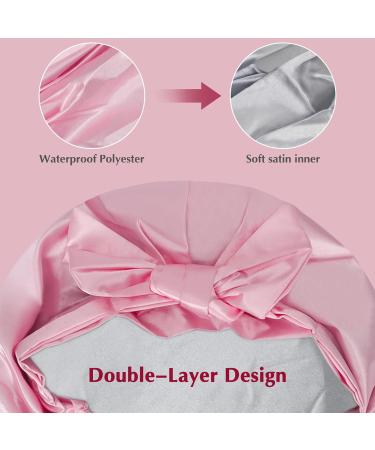 Arqumi Waterproof Double-Layer Shower Cap with Ribbon Bow - Pink - 1PCS - Buy Online on GoSupps.com