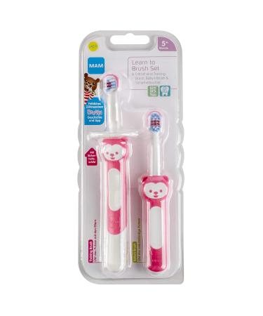 Mam Learn to Brush Set - Baby Toothbrush for 5+ Months | Long Handle Children's Toothbrush in Pink | Ideal for Training Good Oral Hygiene - Buy Online on GoSupps.com