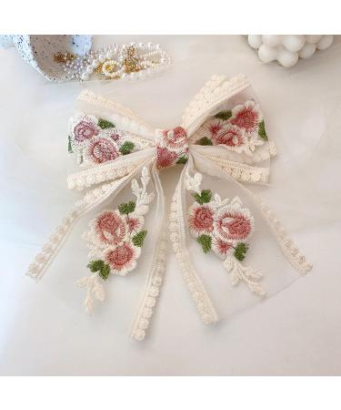 MEIBAOGE Lace Bow Elegant 2000s Style Side Clip Bow Hair Clip Sweet Girls Floral Embroidered Flower Large Bowknot Balletcore - Buy Online on GoSupps.com