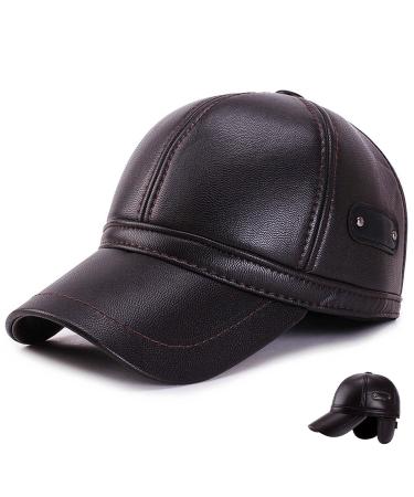 swsce Winter Hat for Men,Leather Peaked Cap with Ear Warmer,Baseball Cap for Outdoor Golf Running Brown