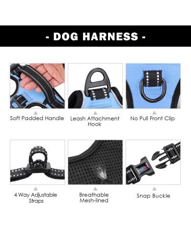 Phoepet No Pull Dog Harness - Reflective Adjustable Training Handle ID Card Baby Blue S - Easy On/Off with 3 Buckles & Double Metal Hooks - Buy Online on GoSupps.com