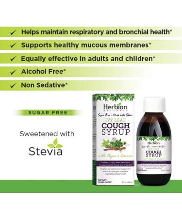 Herbion Naturals Ivy Leaf Cough Syrup with Thyme and Licorice 5 FL Oz soothes throat and relieves breathing problems for adults children 13 months and older pack of 24 - Buy Online on GoSupps.com