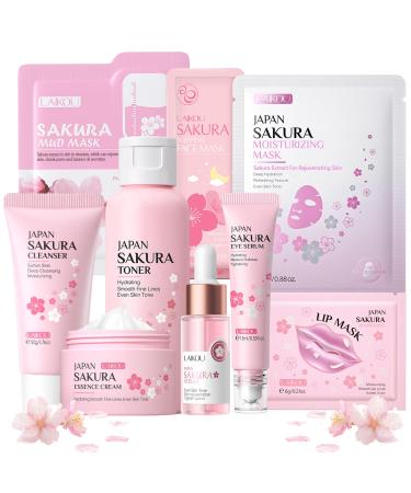 Skincare Set Sakura Skin Care Sets & Kits - Cleanser Toner Serum Cream Eye Serum Lip Mask Sleeping Mask Sheet Masks Mud Masks Gift Set for Teenage Girls Women 9PCS