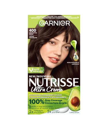 Garnier Nutrisse Ultra Cr me Permanent Hair Dye 100% Grey Coverage Vegan Formula Nourished Hair Long-Lasting Rich Colour 400 Dark Neutral Brown 1 Application Packaging May Vary BROWN SHADES 400 Dark Neutral Brown