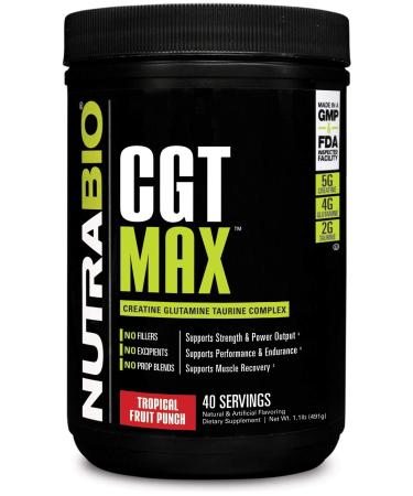 NutraBio CGT-MAX Powder- Creatine, Glutamine and Taurine to Support Muscle Recovery and Strength - 40 Servings - Tropical Fruit Punch Tropical Fruit Punch 40 Servings (Pack of 1)