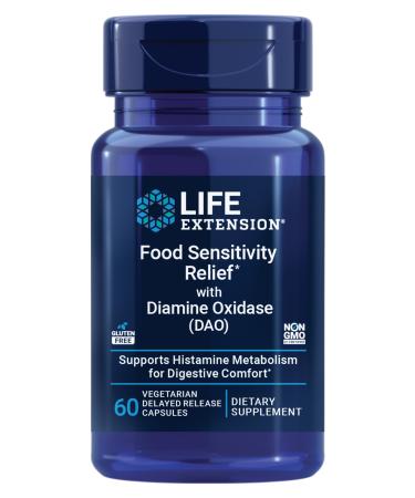 Life Extension Food Sensitivity Relief with Diamine Oxidase (DAO) Occasional Gas Digestive Comfort histamine Sensitivity DAO Enzyme Supplement Gluten Free Non-GMO Vegetarian 60 Capsules 60 Count (Pack of 1)