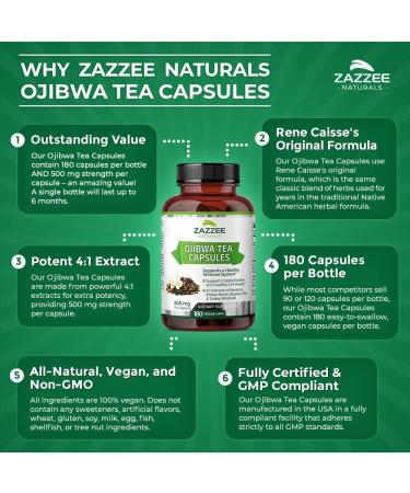 Zazzee Extra Strength Ojibwa Tea 500mg - 180 Vegan Capsules - Rene Caisse's Original Formula with Burdock, Sheep Sorrel, Slippery Elm, Turkey Rhubarb - Potent 4:1 Extracts - Vegan, Non-GMO, All-Natural - Buy Online on GoSupps.com